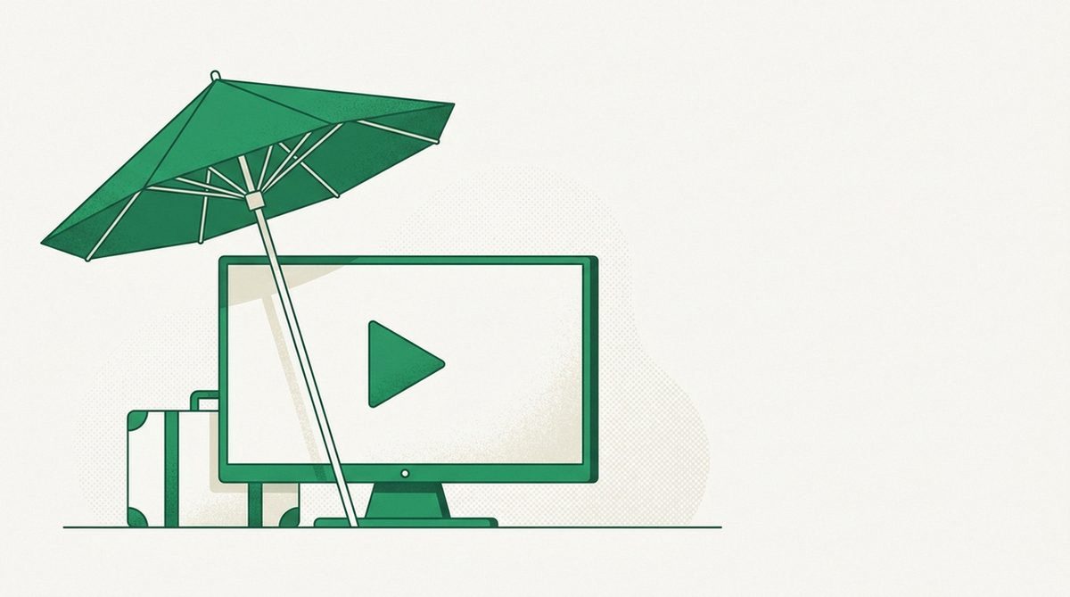 Illustration eines Sonnenschirms neben einem Fernseher für deutsche Mediatheken im Urlaub