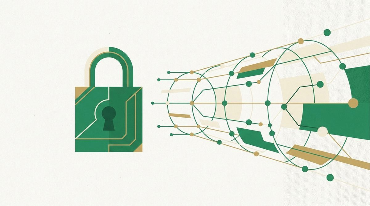 Illustration eines Schlosses neben einem Datentunnel für VPN-Verschlüsselung