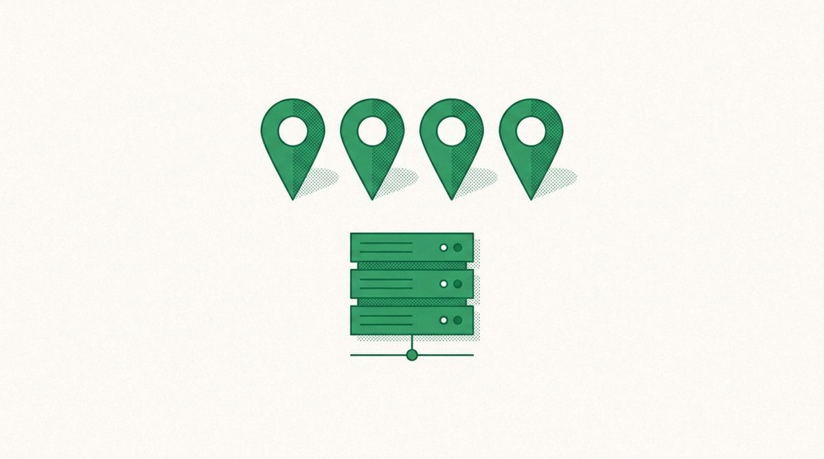 Illustration von vier Standort-Pins über einem Server-Symbol