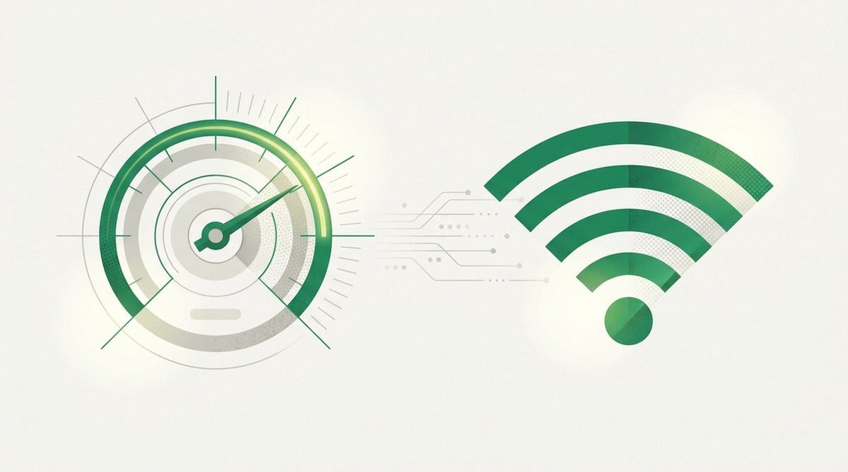 Illustration of a speed gauge and Wi-Fi signal representing UK broadband speed
