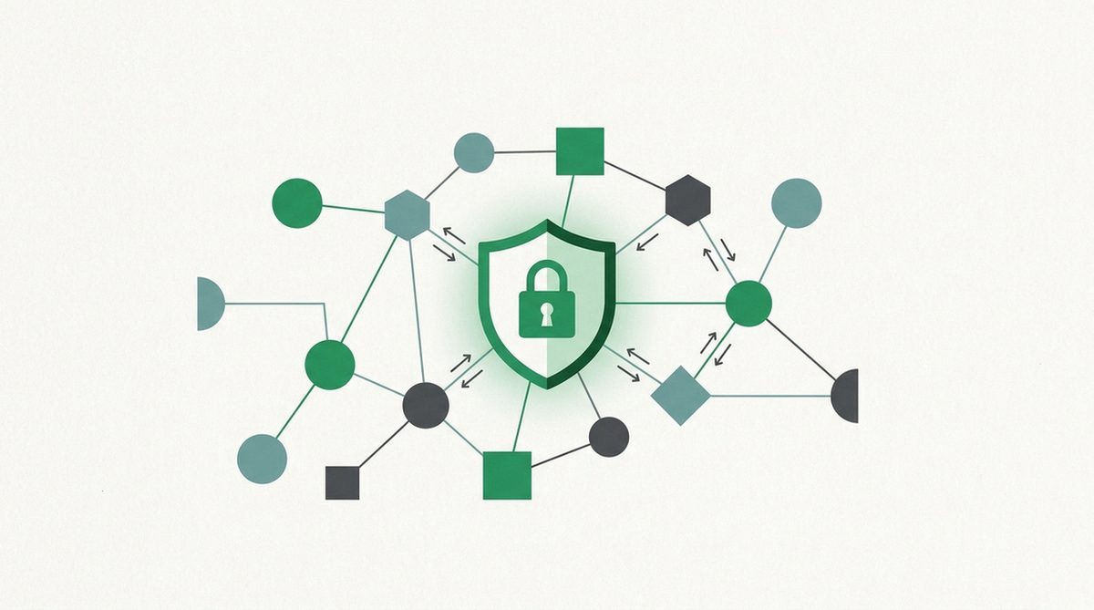 Illustration of connected network nodes and a shield representing what matters in a P2P VPN