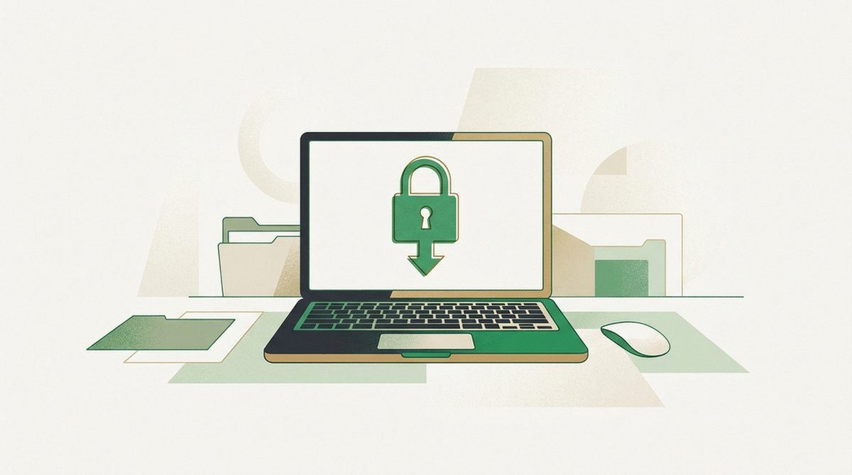 Illustration of a laptop with a padlock representing a safe setup for lawful torrenting