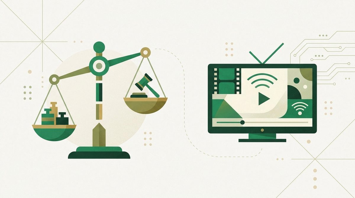 Illustration of scales beside a television screen showing that streaming rules differ from criminal law
