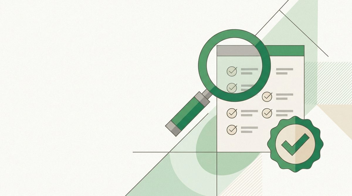 Magnifying glass over a checklist with a checkmark badge symbolizing site legality verification