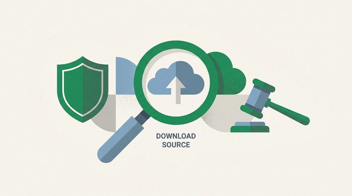 Magnifying glass examining a download source beside a shield and gavel