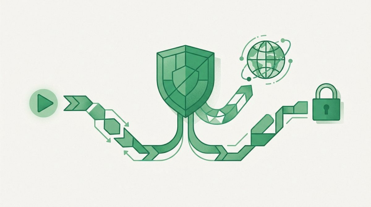 Shield branching into streaming, travel, and security icons