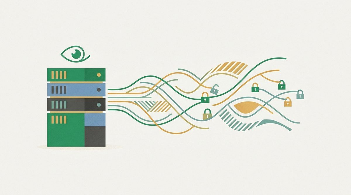 Server rack with a subtle eye watching encrypted data streams representing provider visibility