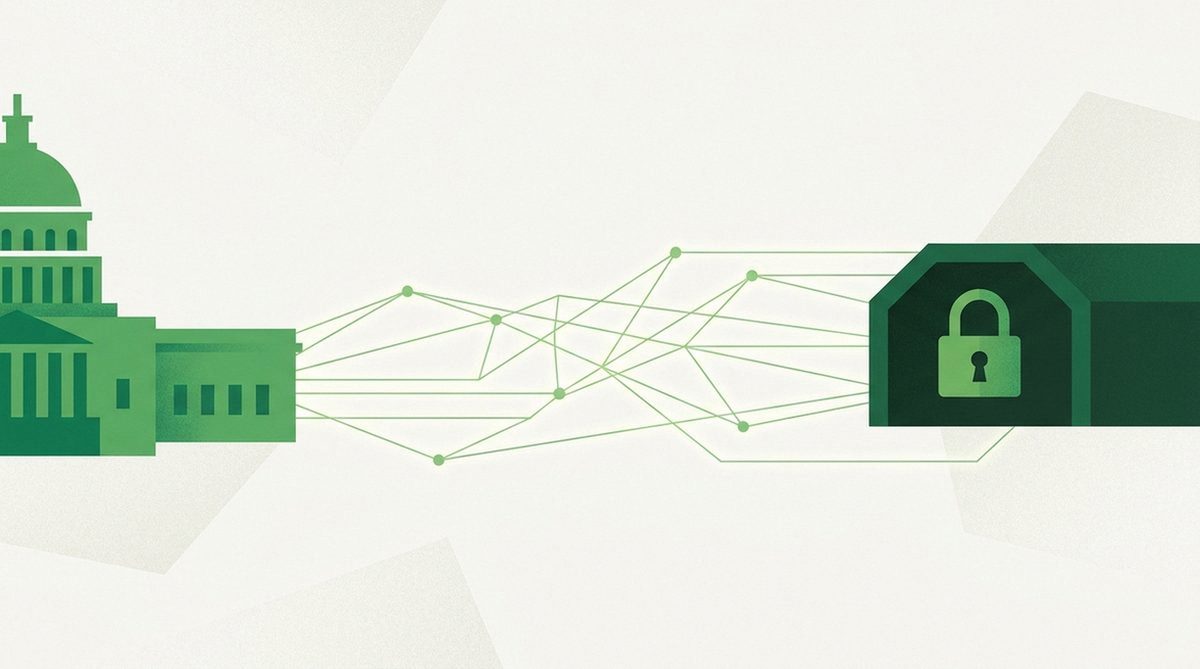 Government building silhouette linked by network lines to a padlocked tunnel representing tracing