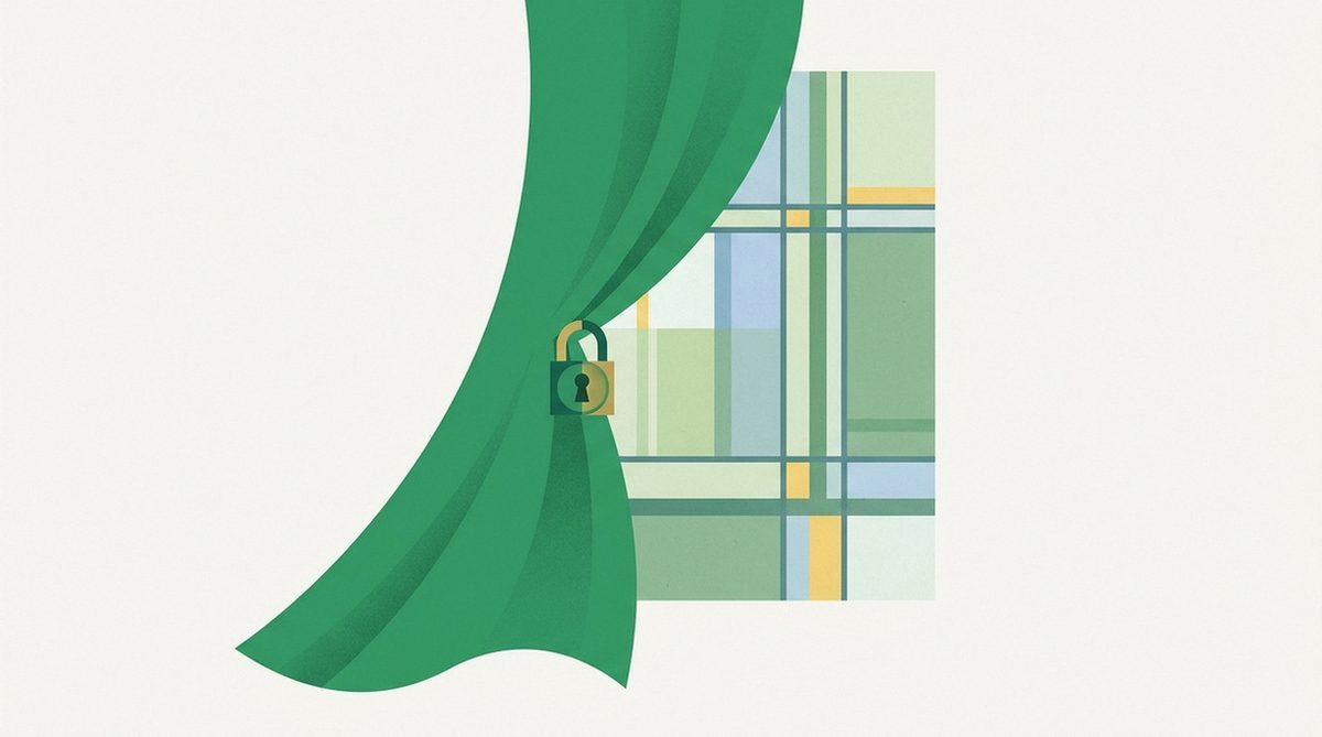 Abstract illustration of a drawn curtain and lock motif representing setting up a VPN for private, lawful browsing.