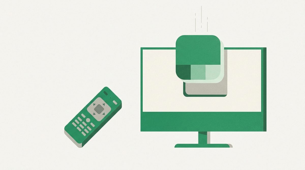 Illustration of a remote control guiding an app tile onto a television screen, representing installing a streaming app