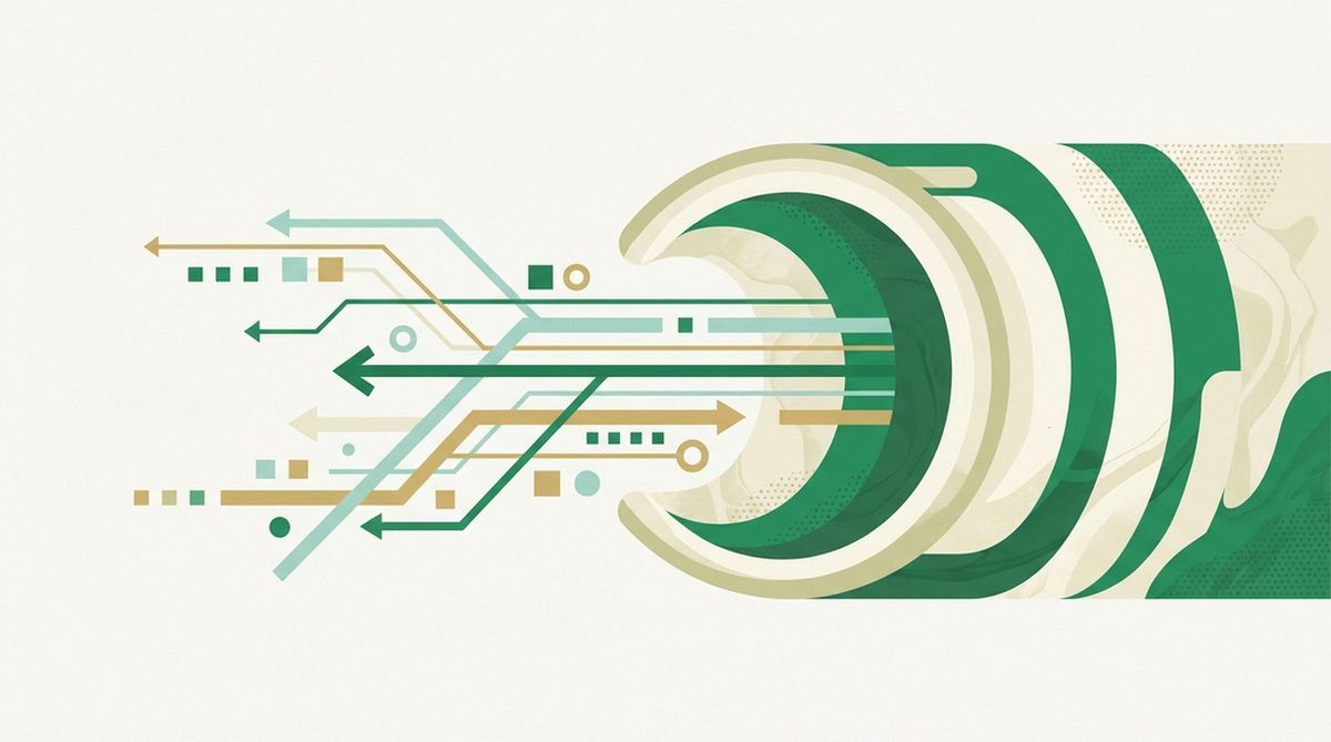 Abstract illustration of data streams entering a secure tunnel, representing the CyberGhost torrenting setup steps.