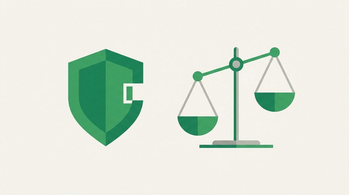 Abstract illustration of a shield with a small gap and a balance scale representing the honest limits of a VPN service.