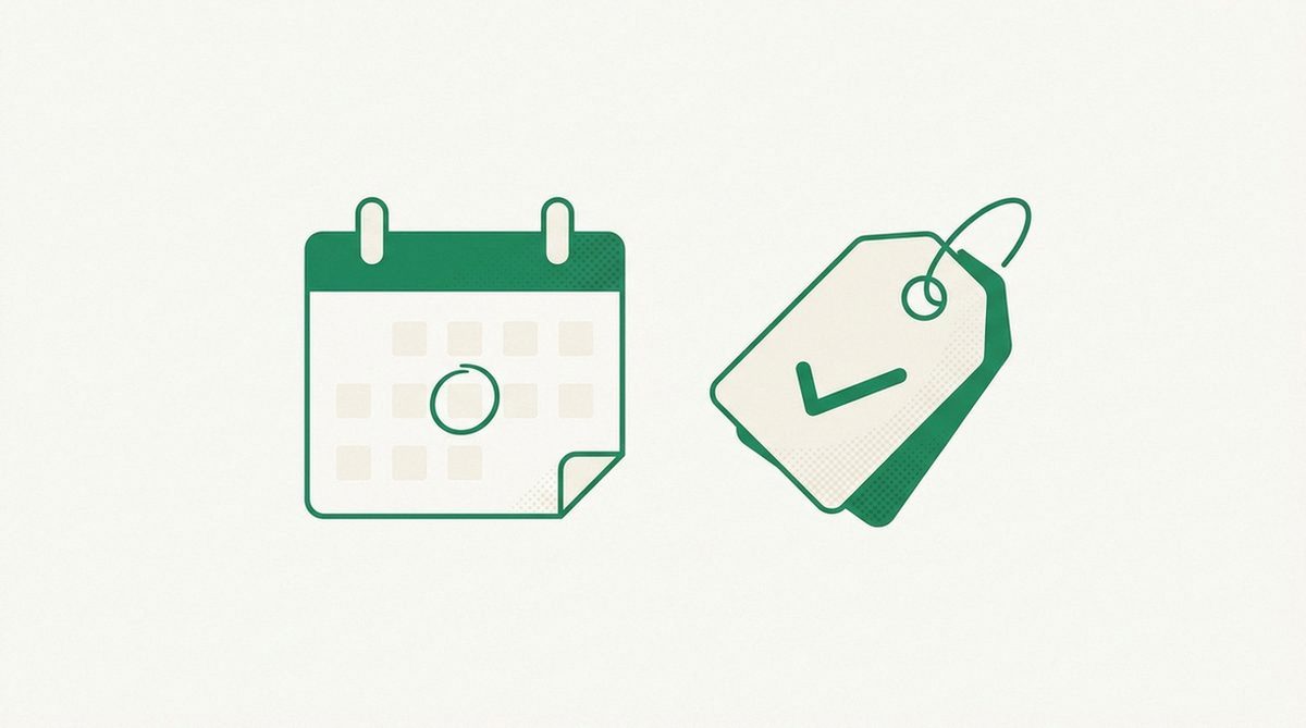 Calendar with circled renewal date beside a price tag icon