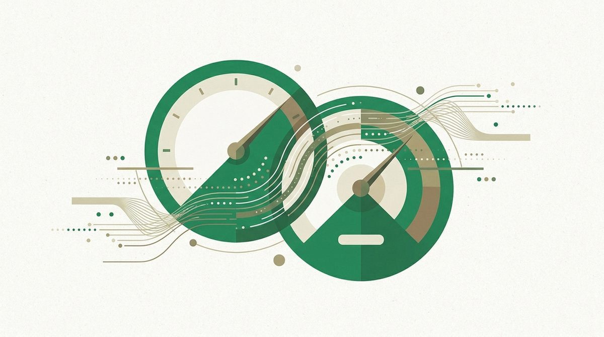 Two speedometers connected by flowing data streams for comparison