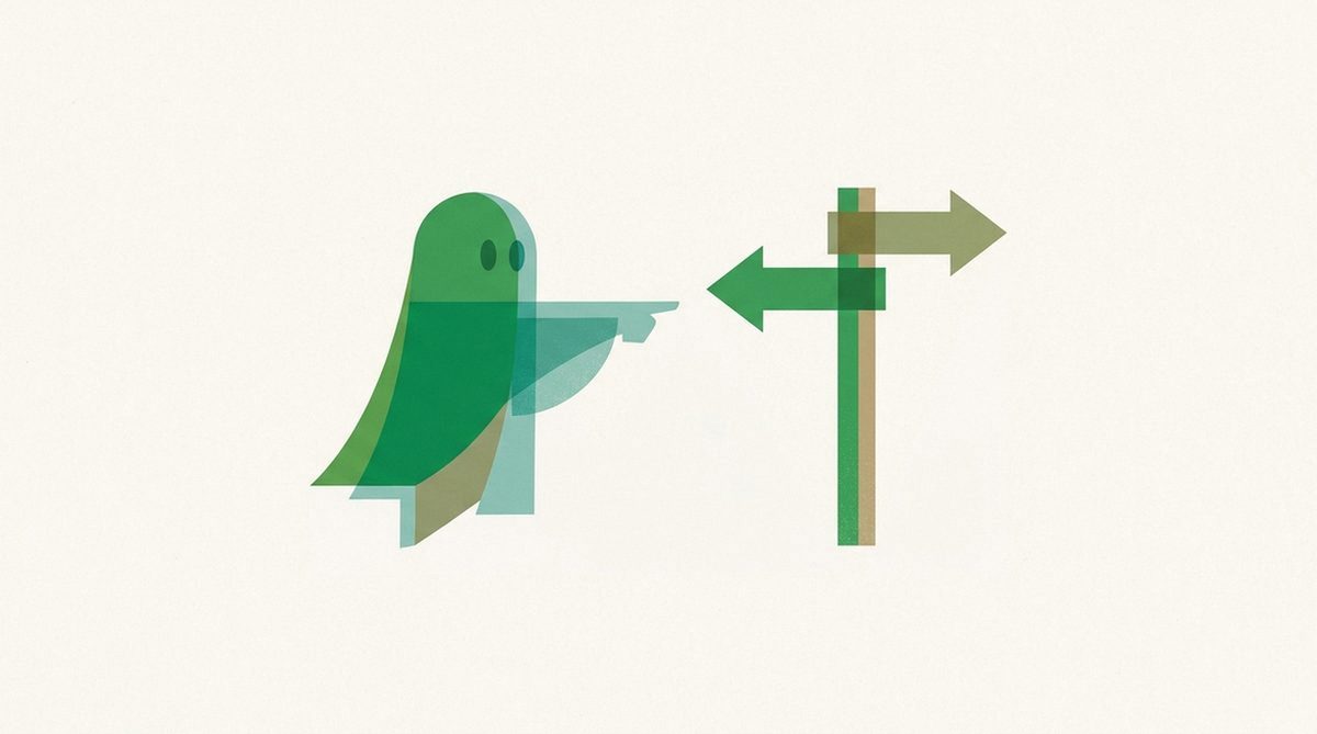 Ghost silhouette pointing at a forked signpost for decision making