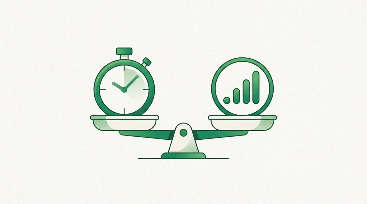 Illustration of a stopwatch and a signal icon balanced on a scale, representing speed versus reliability trade-offs