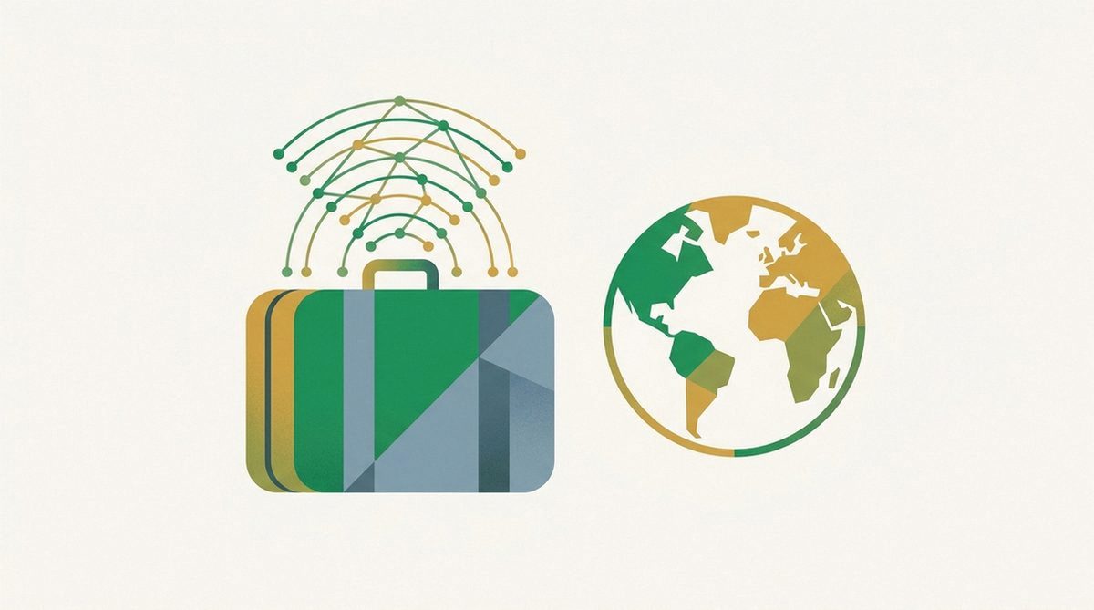 Illustration of a suitcase emitting a glowing network signal next to a globe, representing setting up a connection while traveling
