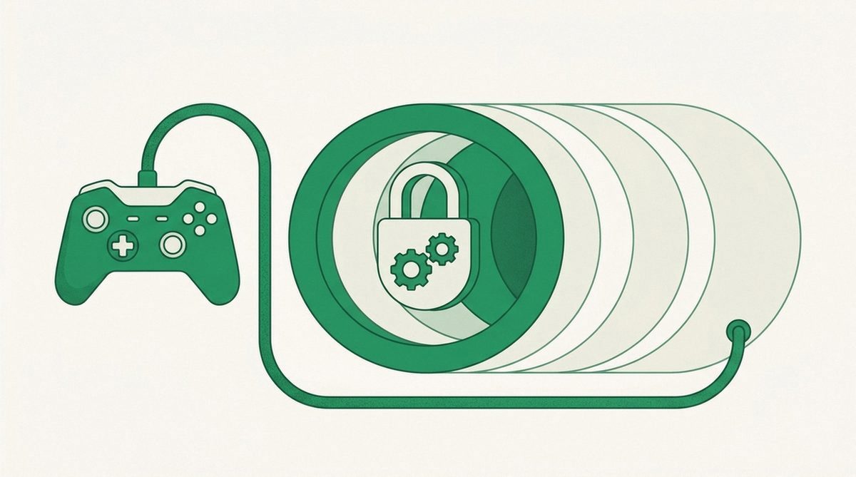 Game controller linked to a padlocked tunnel with gears symbolizing safe VPN gaming setup