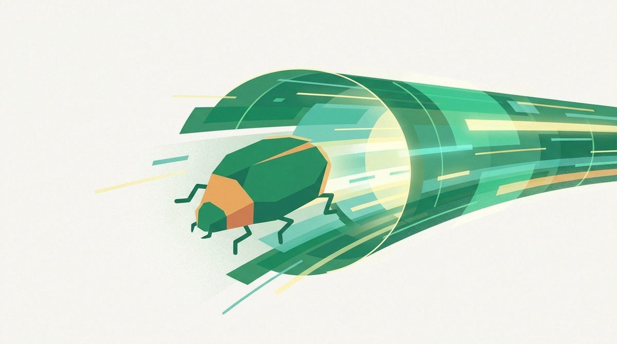bug icon slipping through a glowing encrypted tunnel