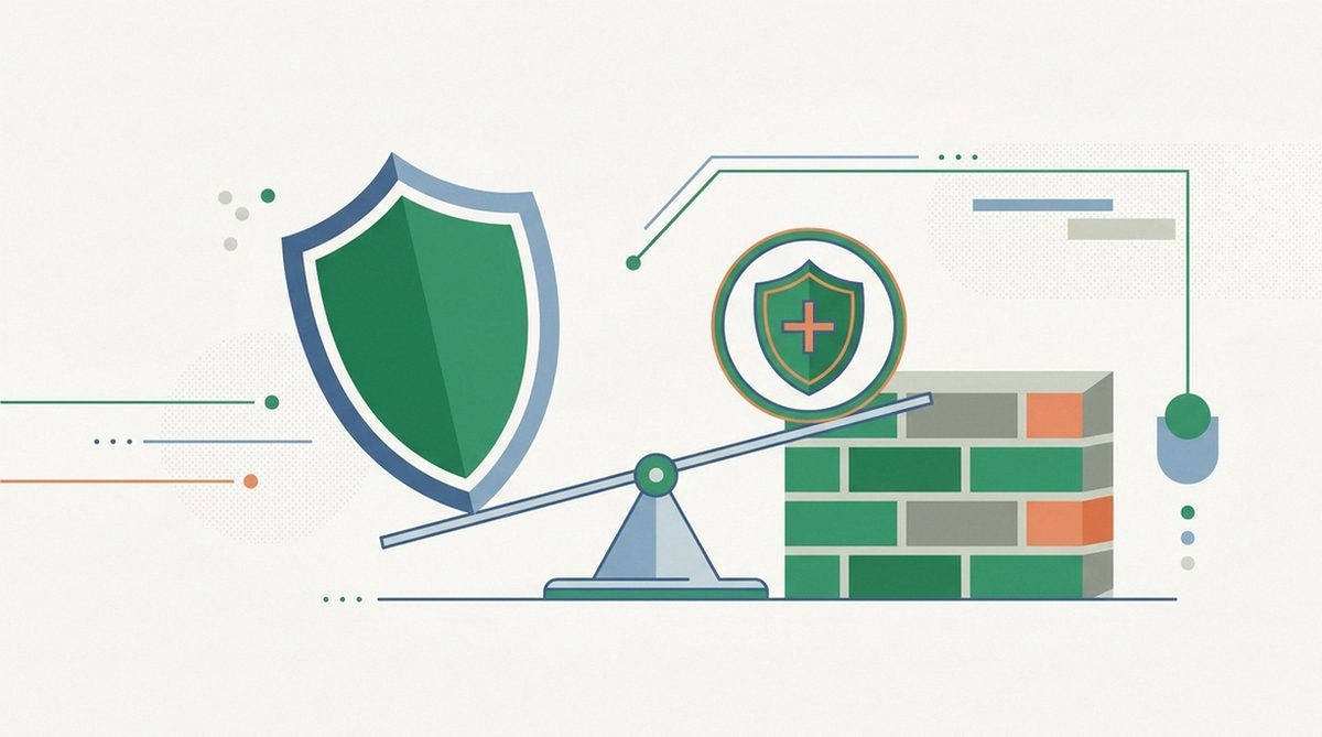shield balanced on a scale against antivirus and firewall icons