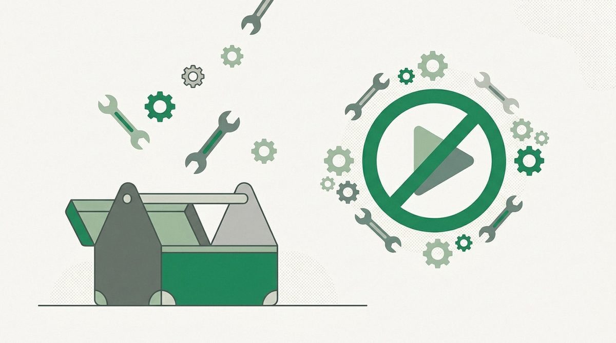 Toolbox with wrench and gears around a blocked play button representing streaming fixes