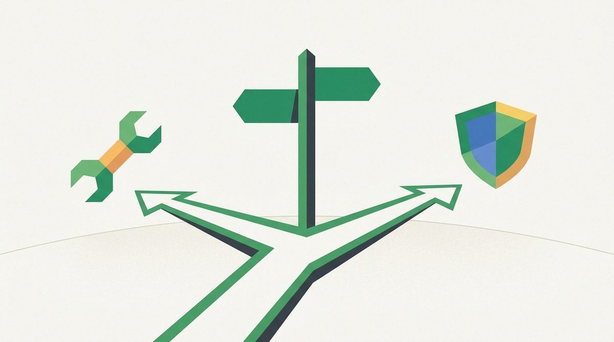 Forked road sign pointing to a wrench or a shield, symbolizing troubleshooting versus switching