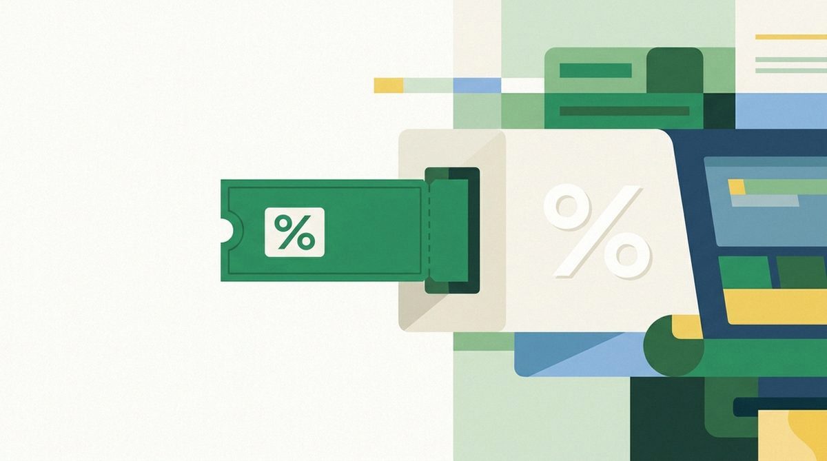 Coupon ticket sliding into a checkout slot marked with a percent sign