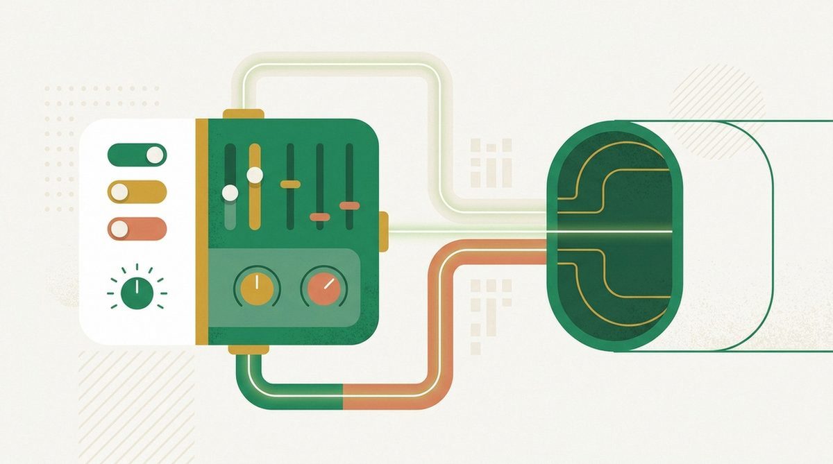 Abstract illustration of a settings panel connecting to a secure tunnel, representing the ExpressVPN torrenting setup process.