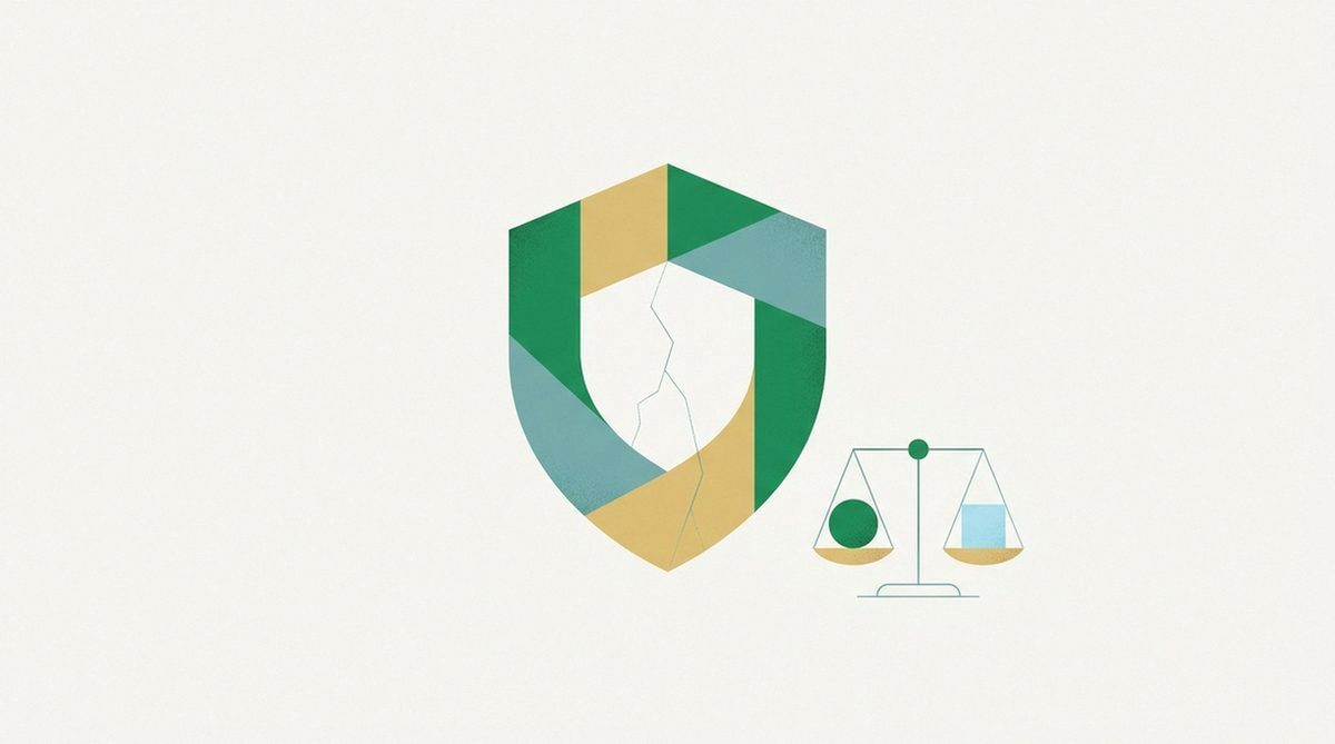 Abstract illustration of a cracked shield and a balance scale representing the honest drawbacks of a torrenting VPN.