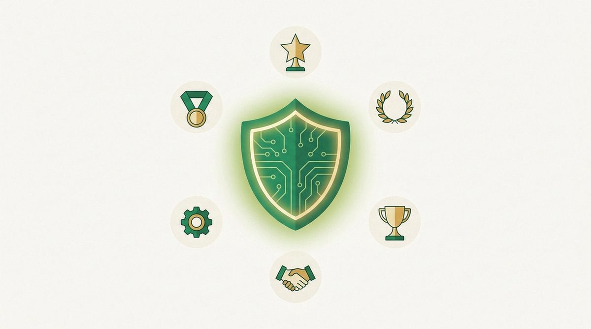 six small trophies encircling a glowing digital shield icon
