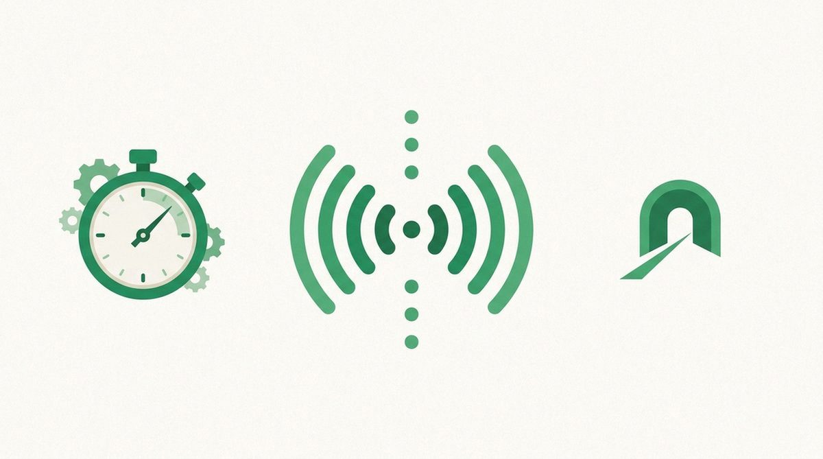 Stopwatch next to a signal wave and tunnel testing icon