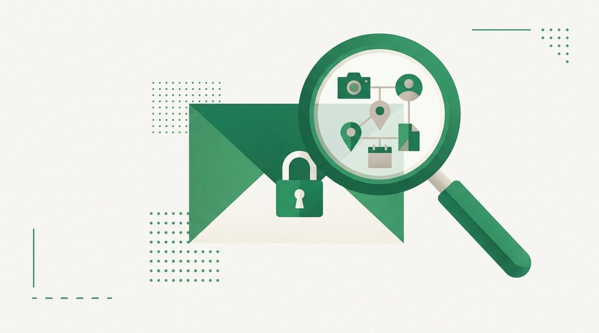 locked envelope with a magnifying glass exposing hidden metadata tags