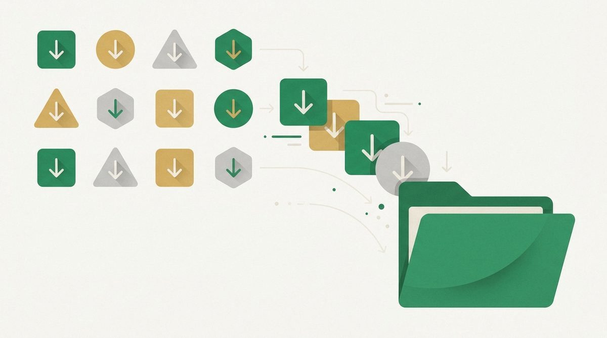 Grid of app icons with download arrows stacking into a folder for torrent clients