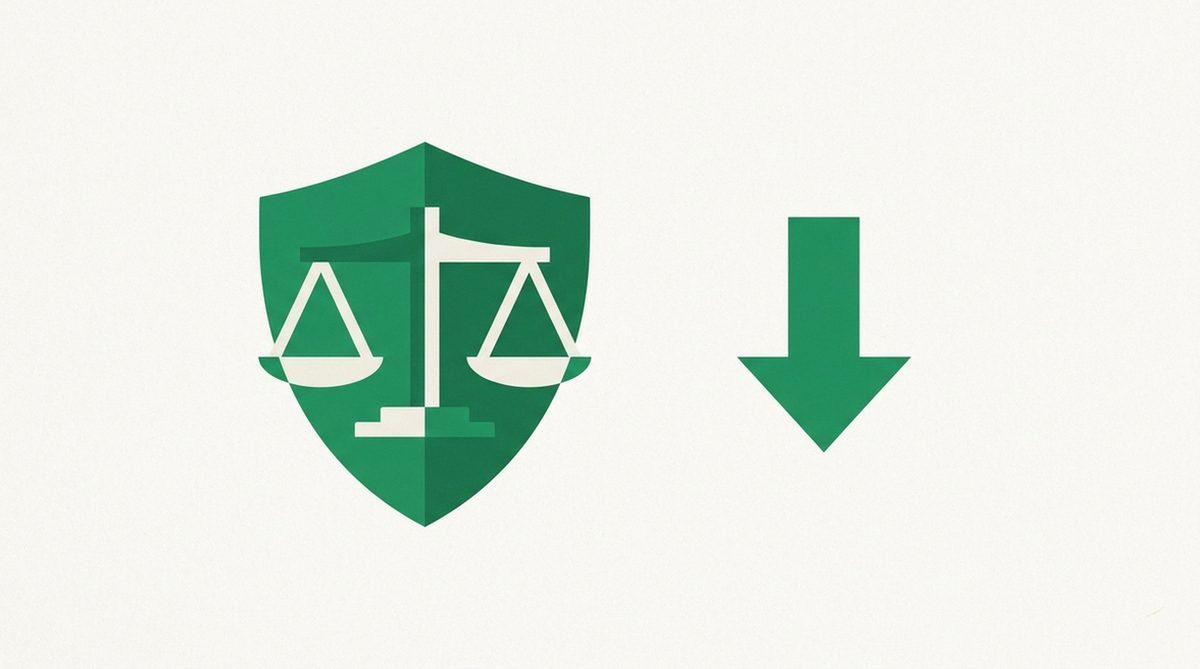 Shield over a justice scale with a download arrow representing safe lawful torrenting