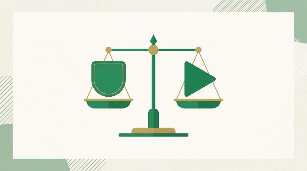 Abstract illustration of a balance scale weighing a shield against a play icon, representing what matters beyond a free label.