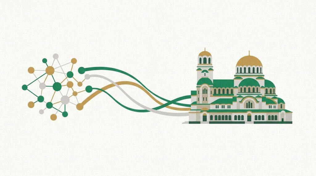 Илюстрация на peer-to-peer мрежа с катедралата Св. Александър Невски