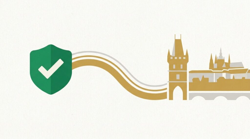 Ilustrace štítu VPN s panoramatem Prahy