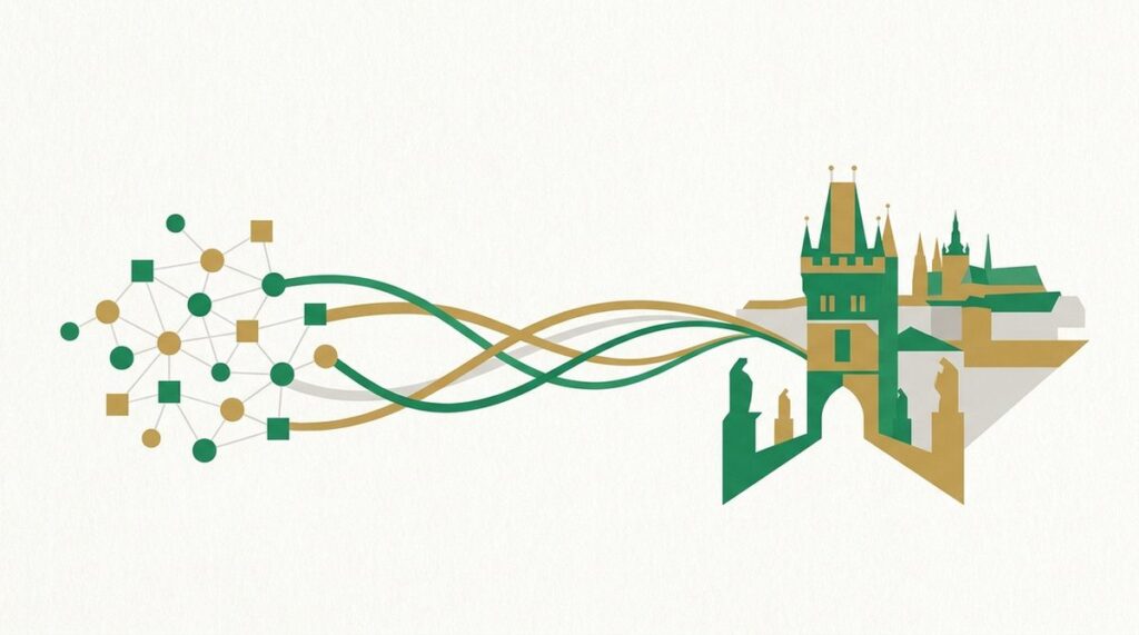 Ilustrace peer-to-peer sítě s panoramatem Prahy