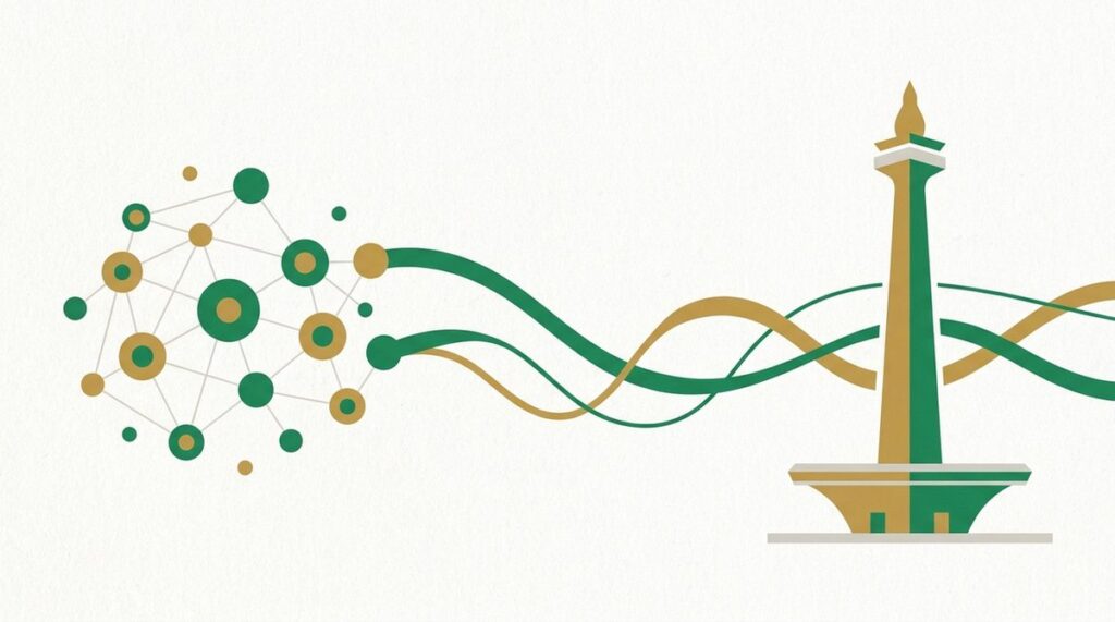 Ilustrasi jaringan peer-to-peer dengan Monumen Nasional Jakarta