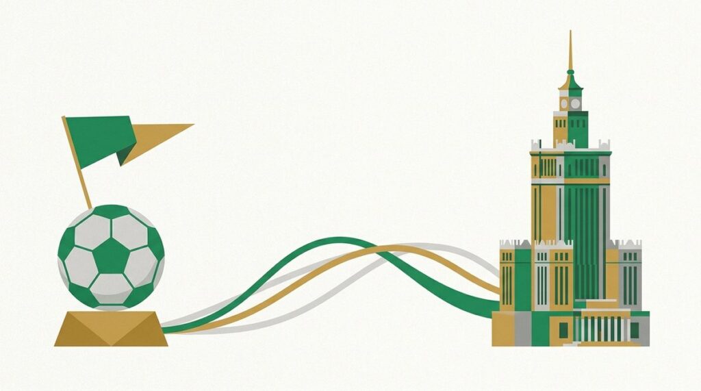 Ilustracja piłki nożnej z proporczykiem i Pałacem Kultury i Nauki w Warszawie
