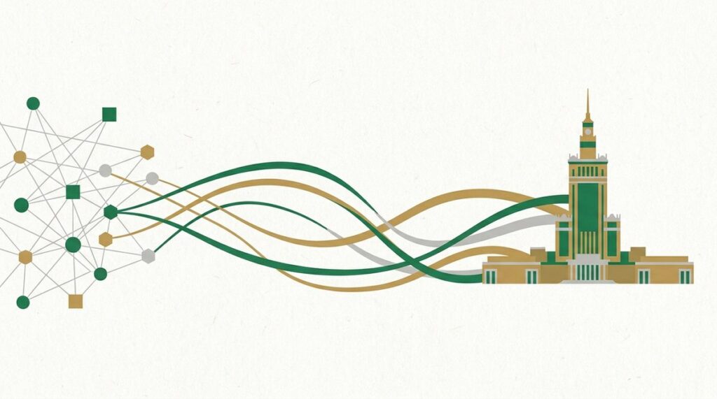 Ilustracja sieci peer-to-peer z Pałacem Kultury i Nauki w Warszawie