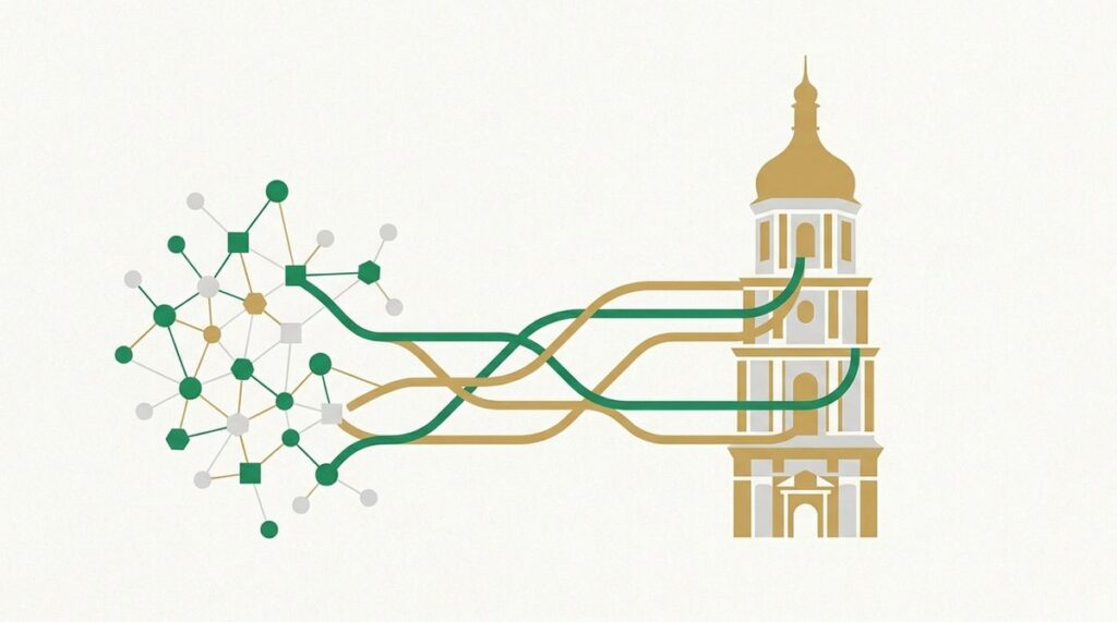 Ілюстрація peer-to-peer мережі із Софійським собором у Києві