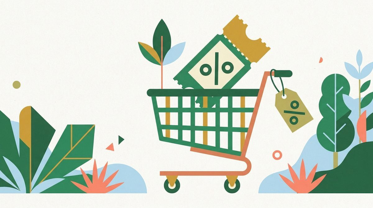 Coupon ticket falling into a shopping cart with a discount tag