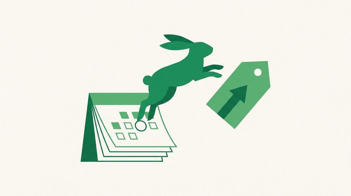 rabbit silhouette hopping toward a rising price tag from a calendar
