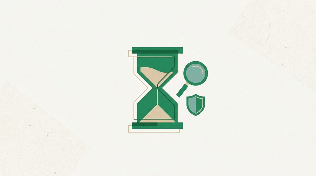 Hourglass with a magnifying glass and shield symbolizing limits of a short trial test