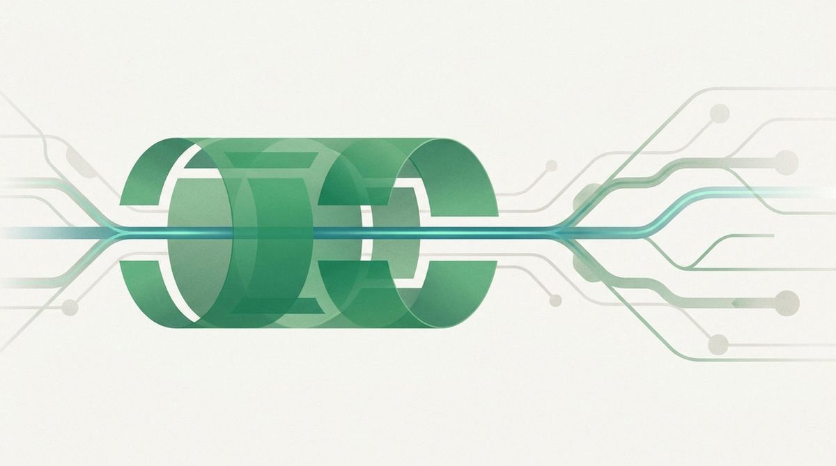 Illustration of a protective tunnel wrapping a single data stream inside a larger open network, representing where a VPN fits