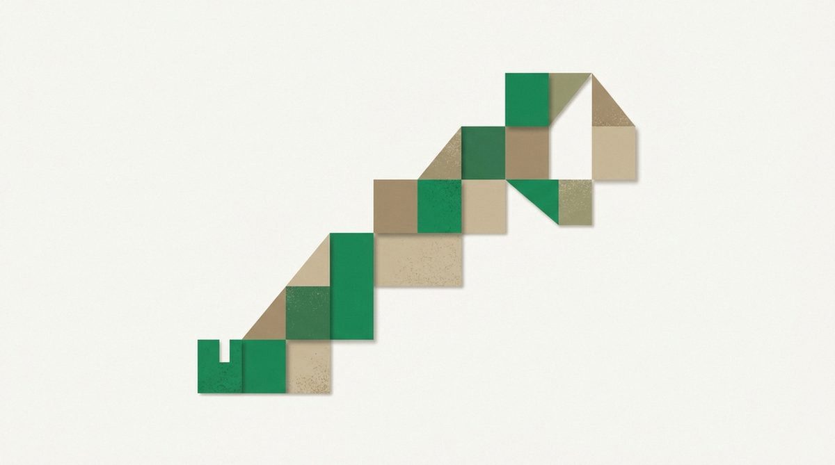 Abstract illustration of geometric blocks forming a key shape, representing the step-by-step process of creating a strong password.