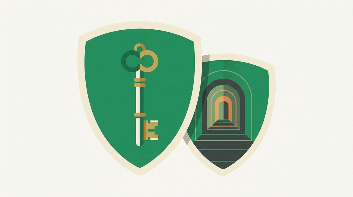 Abstract illustration of two overlapping shields representing the different protections passwords and VPNs each provide.