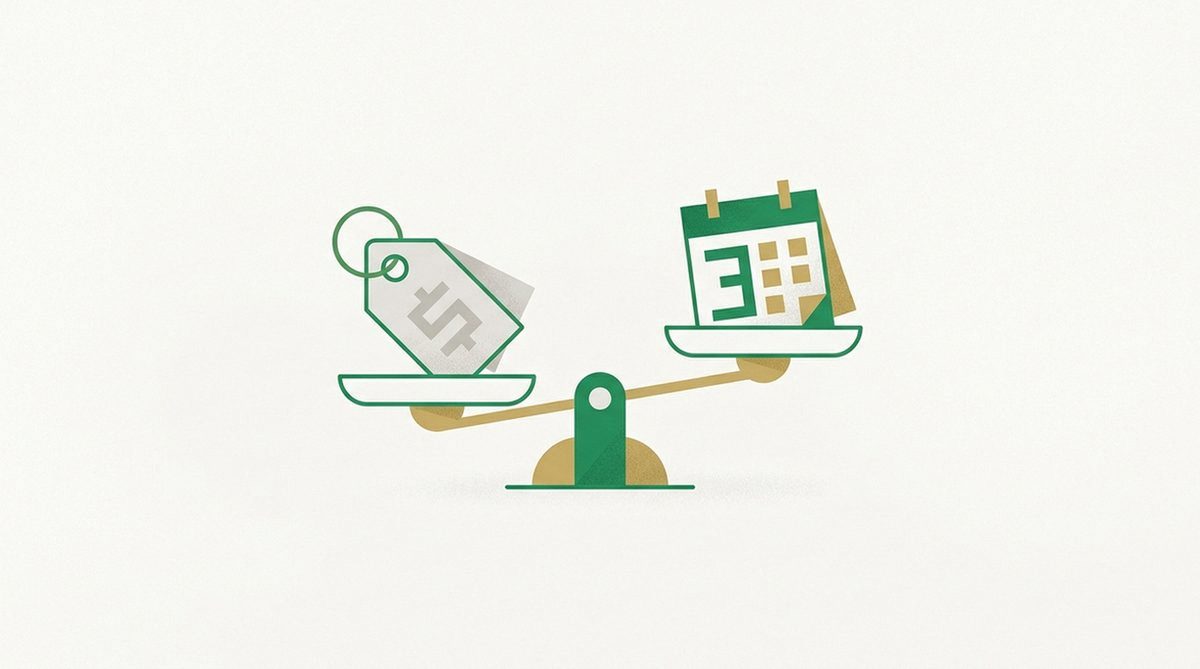 Balance scale weighing a price tag against a calendar icon
