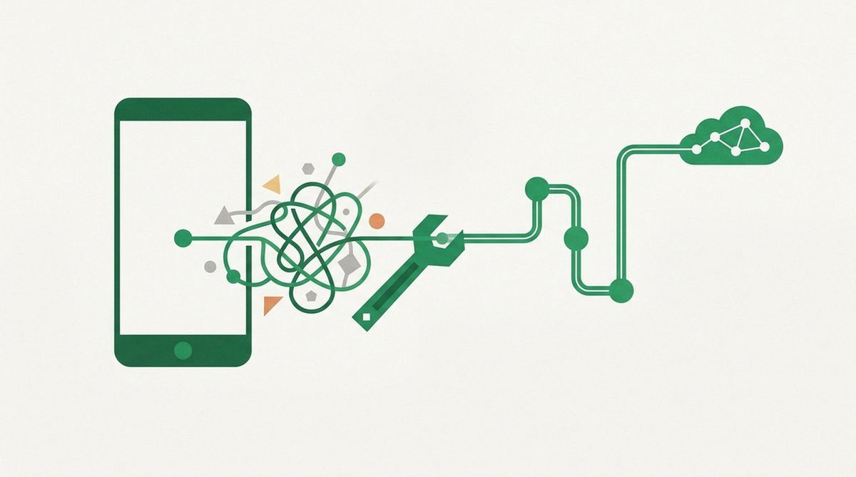 Illustration of a wrench straightening a tangled network line into a smartphone, representing troubleshooting common VPN problems